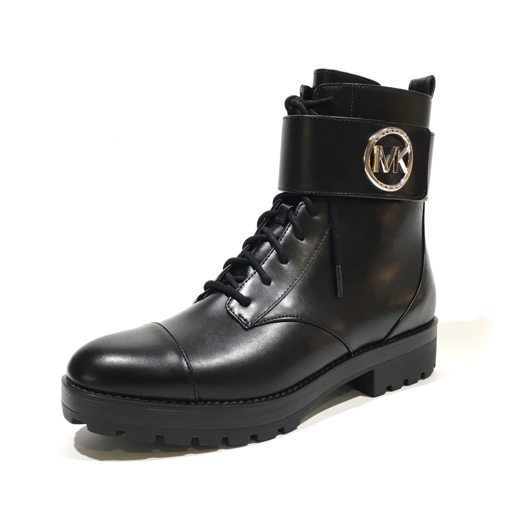 MICHAEL KORS TATUM LOGO COMBAT BOOTS -BLACK FAUX LEATHER -US 9.5 -NEW